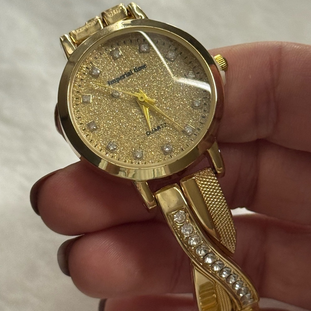 Gold Glitter Watch with Crystal Accents